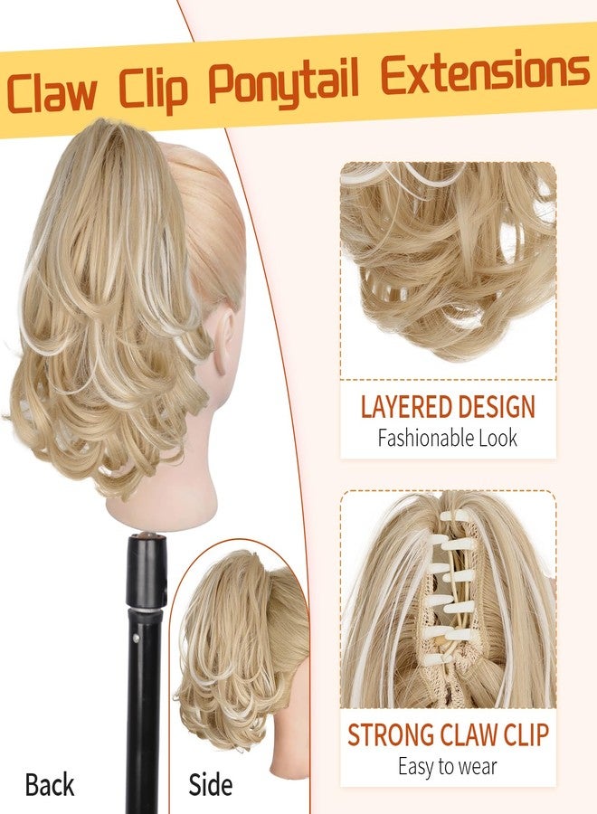 KooKaStyle Ponytail Extension, 10" Short Claw Clip in Pony Tails Hair Extensions Curly Wavy Synthetic Drawstring Hairpieces for Women(Blonde with White Highlights) - Image 5
